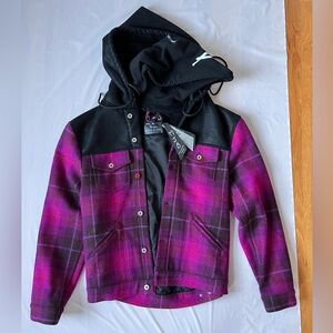 Marc Jacques Burton MJB Hooded Magna Pax jacket Vegan Leather black purple Sz 48